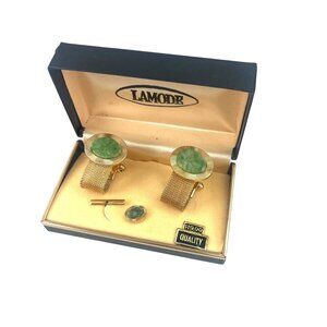LaMode Vintage Gold-Tone Cufflinks & Tie Tack Set Green Stone In Original Box